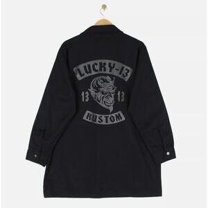 Vintage Lucky 13 Shirt Jacket Black Graphics Print Back USA Made Devil Kustom